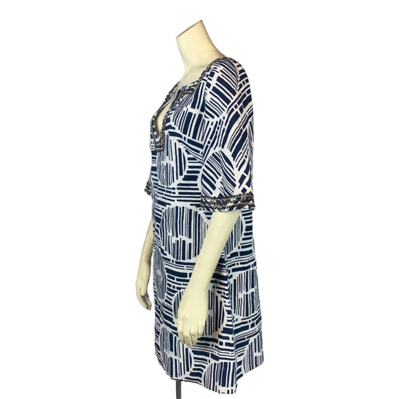 Trina Turk Womens Lek Bamboo Forest Shift Dress White Blue Geometric Sequin M/L - Picture 8 of 12